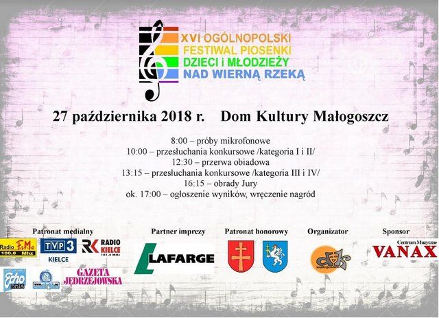 ​Szykuje się XVI Ogólnopolski Festiwal Piosenki Dzieci i Młodzieży „Nad Wierną Rzeką”