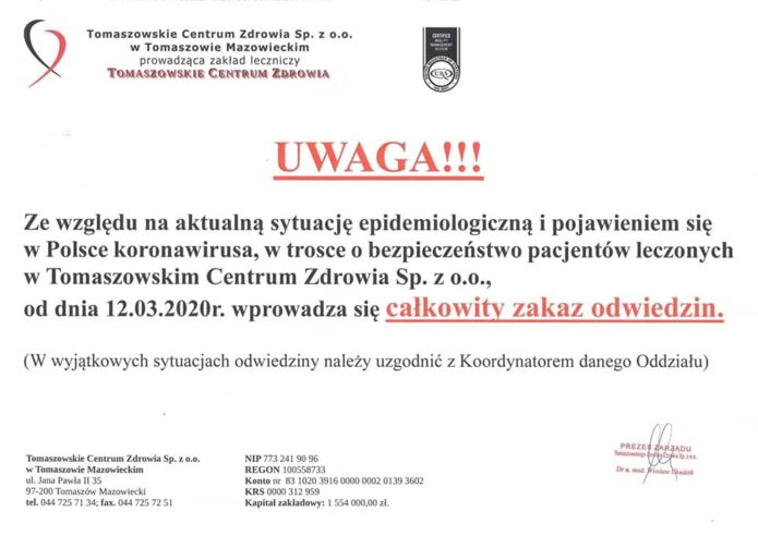 Całkowity zakaz odwiedzin w Tomaszowskim Centrum Zdrowia